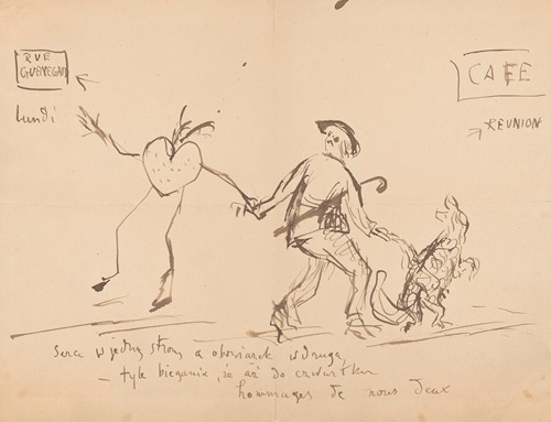 `The heart goes one way, the duty – another` [self-portrait of the artist with Malina the dog and ‘walking’ heart]