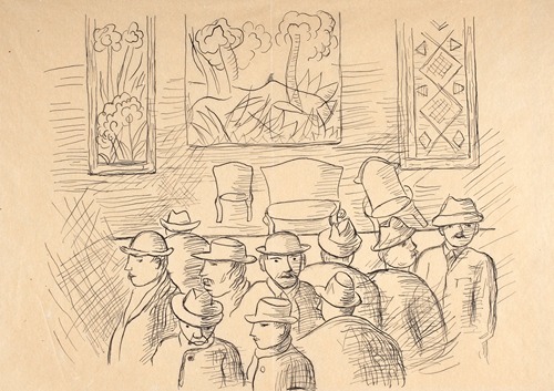 Audience group in a room with paintings, from the Auction in Hôtel Drouot cycle