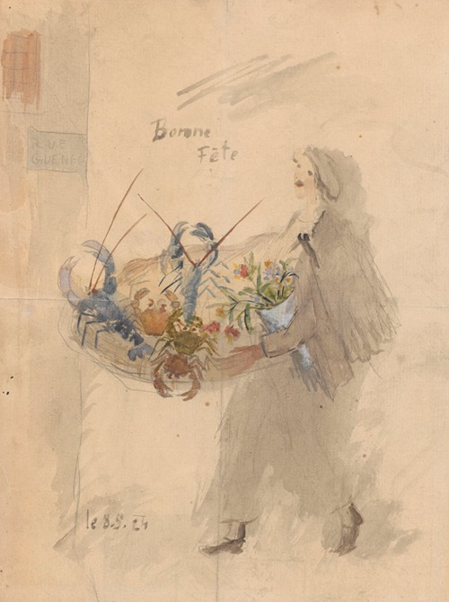 Name day card for Maria Mickiewiczówna with a drawing showing a self-portrait of the artist carrying a basket with `frutti di mare`