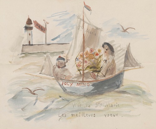 Name day card for Maria Mickiewiczówna with a drawing showing a self-portrait of the artist in a boat