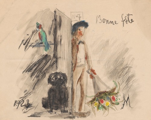 Name day card for Maria Mickiewiczówna with a drawing showing self-portrait of the artist standing in doorway