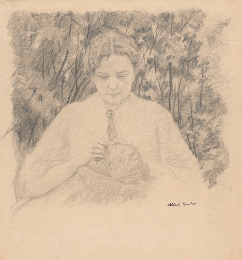 Embroidering woman