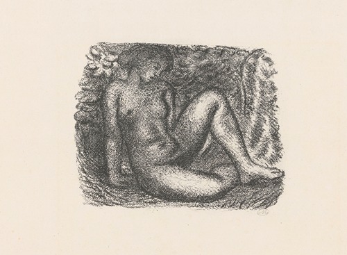 Femme nue assise sous des feuillages
