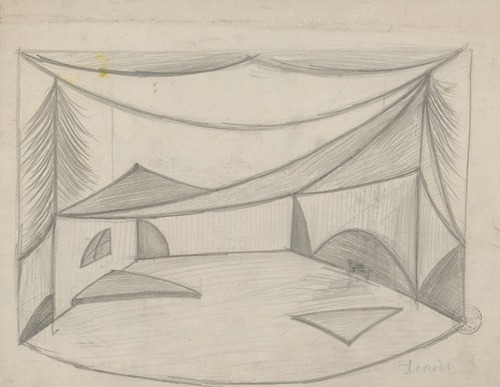 Deirdre des douleurs – maquette de décor – toile relevée, dévoilant un paysage