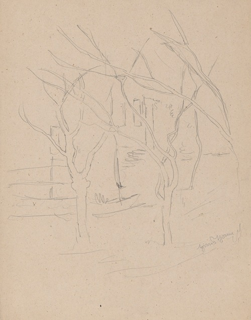 Crossing Tree Limbs Against the Background of Rural Buildings