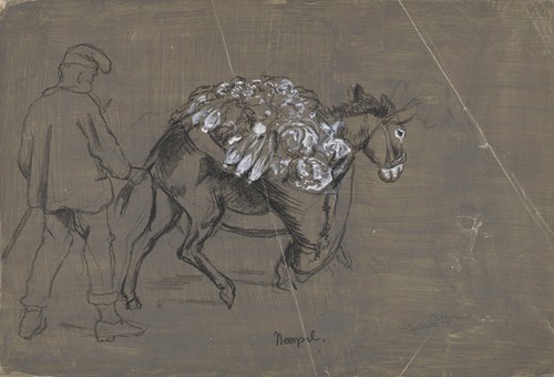 Donkey Carrying Vegetables, behind a Herdsmen Holding the Animal by Its Tail