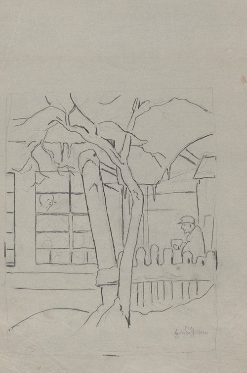 Farmhouse with a Tree, a Fence, and a Man in a Hat Standing Behind Them