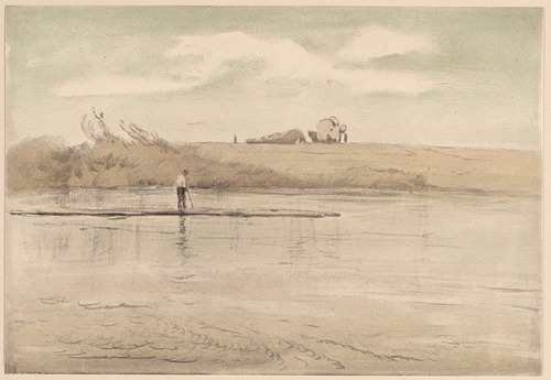 Fisherman on a Raft, Cart of Hay Visible in the Distance on the Shore of the Lake