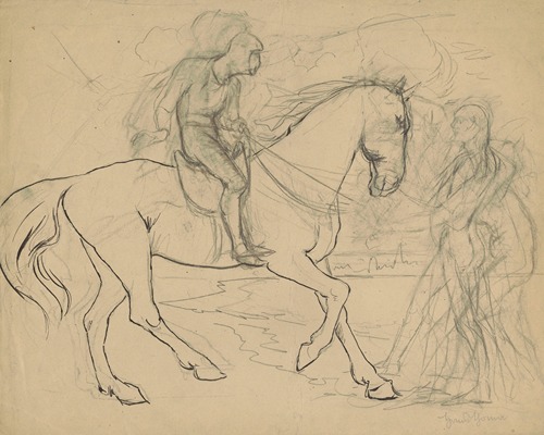 Knight in armour on horseback. Human figure to the right
