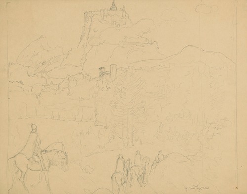 Knights of the Holy Grail on their way to a castle on a high hill
