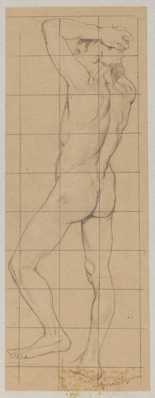 Male Nude Standing with Back Turned and Hands Clasped on His Head