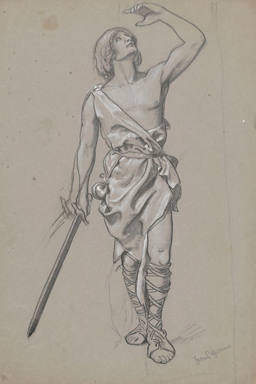 Man in a robe with uncovered torso, hunting horn by his side and a sword in his right