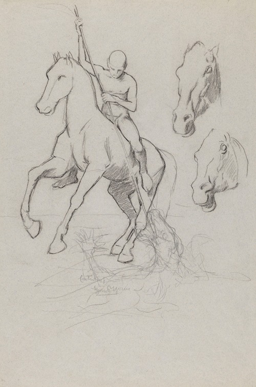 Man on a Horse Slaying a Dragon, Two Studies of Horses’ Heads