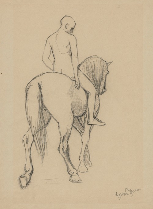 Naked man on horseback, depicted from the back