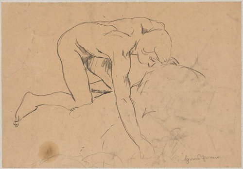 Naked young man kneeling on a rock and reaching out to a spring with his hand