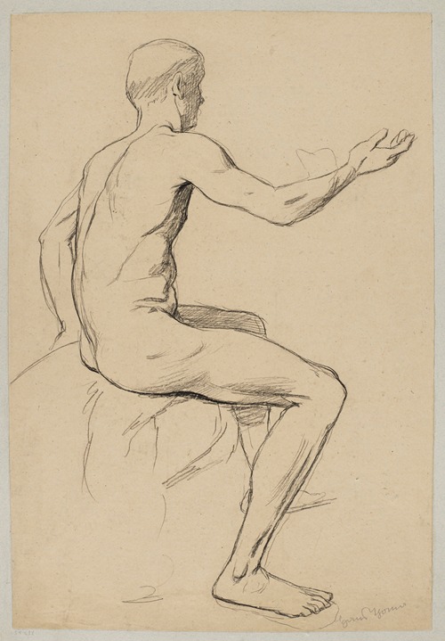 Nude Male Sitting with His Right Hand Extended, Shown in Profile