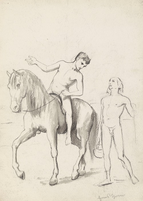 Nude Man Riding a Horse, Leaning Over an Accompanying Him Nude Young Man with a Basket
