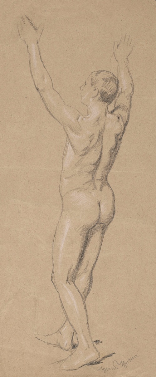 Nude man with raised hands