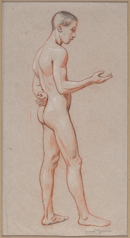 Nude of a Young Man with an Outstretched Hand, Depicted in Profile, Standing