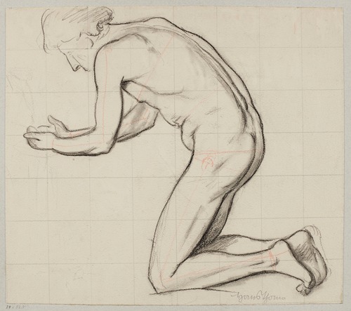 Nude Young Male Kneeling by a Stream and Scooping Water with His Hands