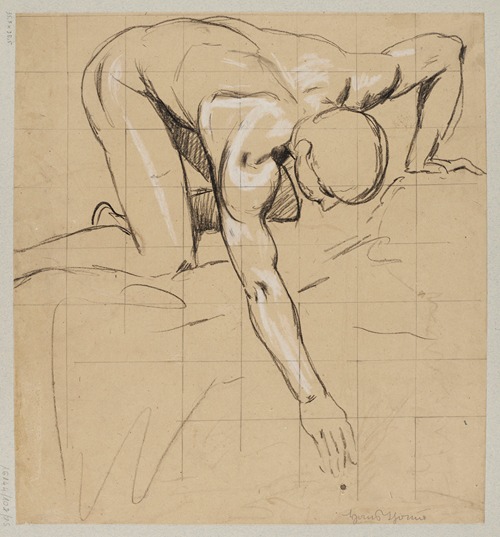 Nude Young Male Leaning over a Stream, Drawing Water with His Right Hand