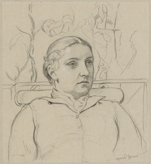 Portrait of the artist’s wife in bust, sitting on a bench against the background of greenery