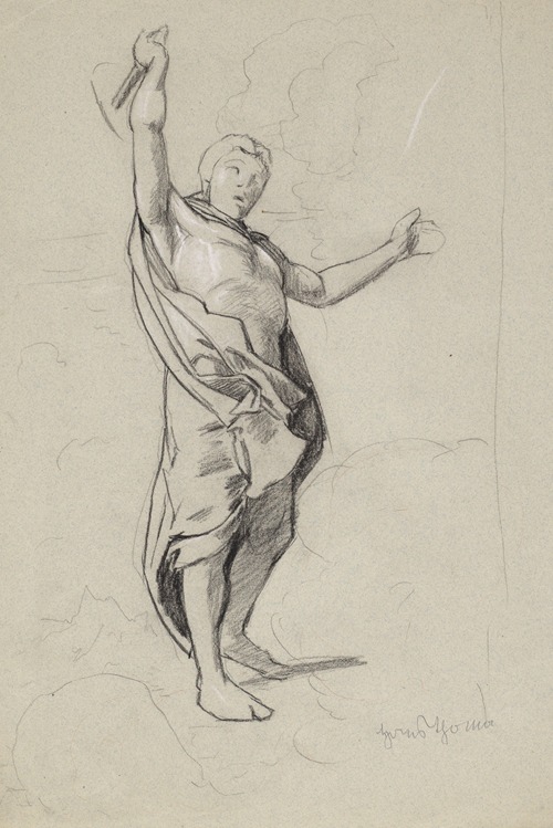 Semi-Nude Man Wrapped in a Coat, Standing among the Clouds with a Hammer in His Right Hand