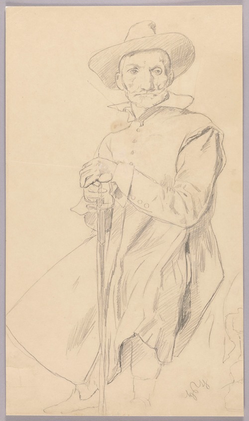 Sitting Man in Historical Garb with His Hands Resting on a Sword