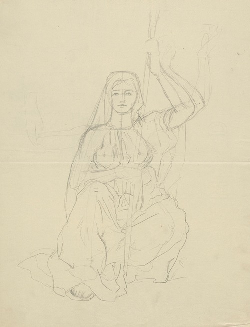 Sitting woman in a long antiquate robe holding a stick in her hands. Design for a bookplate
