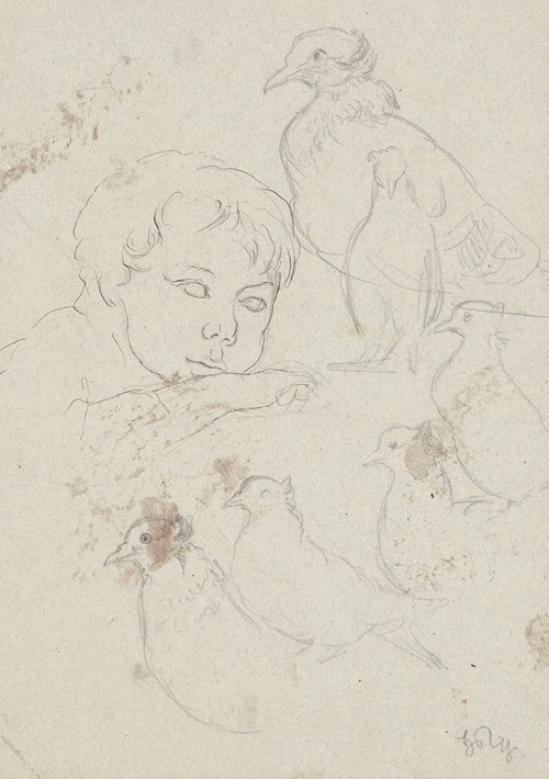 Study of a boy resting his head on his hand, depicted to the arms.