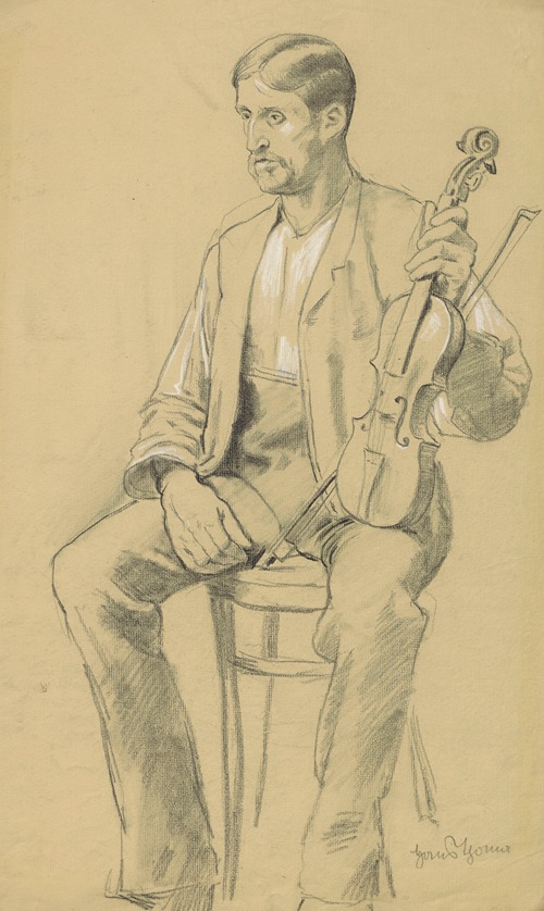 Study of a man sitting on a chair with a violin and bow on his knee