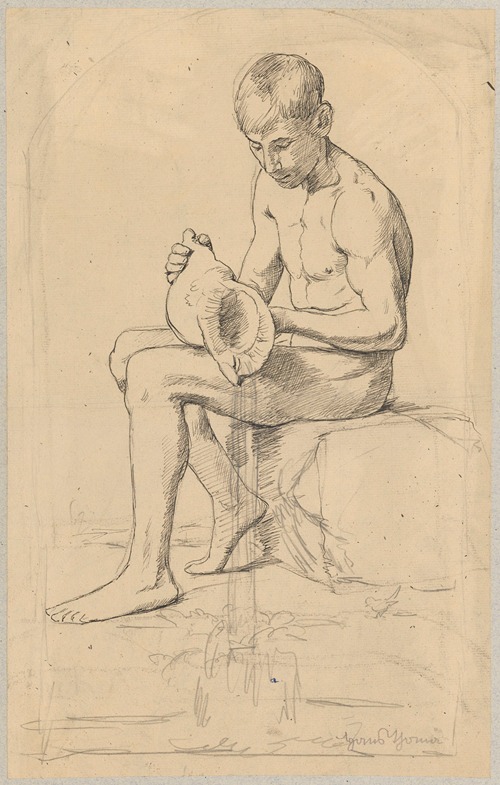 Study of a naked boy sitting on a stone and pouring water out of a shell