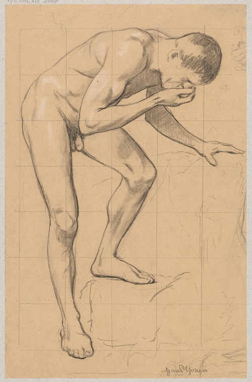Study of a naked man leaning over a spring and drinking water