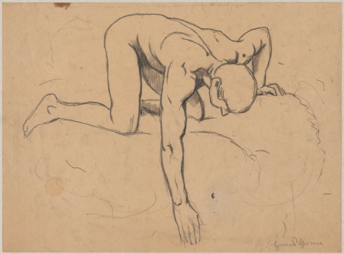Study of a naked young man kneeling by a spring and reaching out for water with his right hand