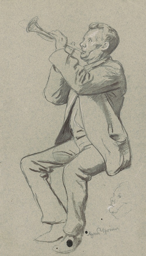 Study of a sitting man playing the trumpet. In the bottom, repetition of the man’s head