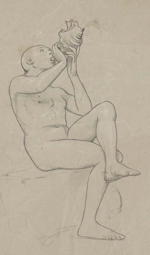 Study of a sitting naked man with his legs crossed, blowing a shell