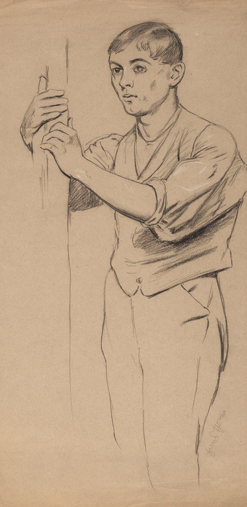 Study of a Young Man Depicted Down to His Knees, Holding a Pole with Both Hands