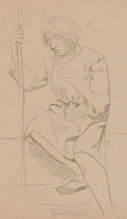 Study of the figure of a sitting young man in a robe to his knees, holding a stick in his right hand