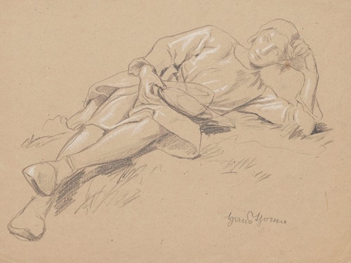 Study of the figure of a young man in a robe to his knees, lying on his left side, resting his head on his left hand