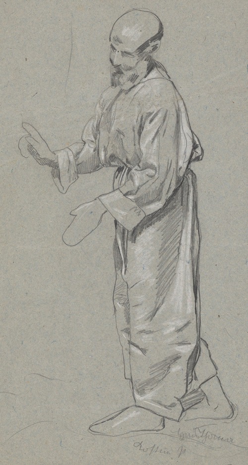 Study of the figure of an old man in a long robe, gesturing for attention with his right hand, walking ahead
