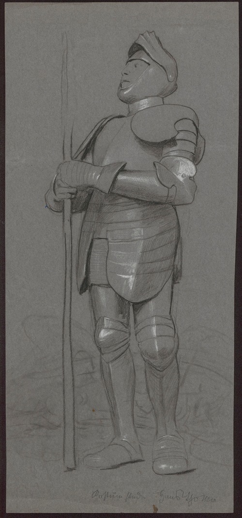 Study of the figure of St. George in armour and helmet, holding a spear in his hands, standing before a dead dragon