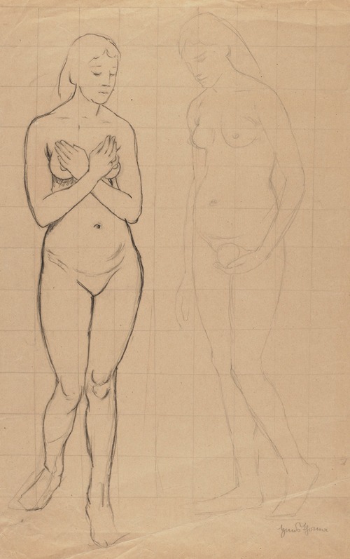 Two Female Nudes En Face with Arms Crossed over the Chest