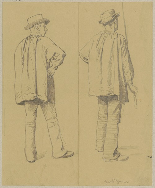 Two studies of men in loose shirts and hats depicted from the back