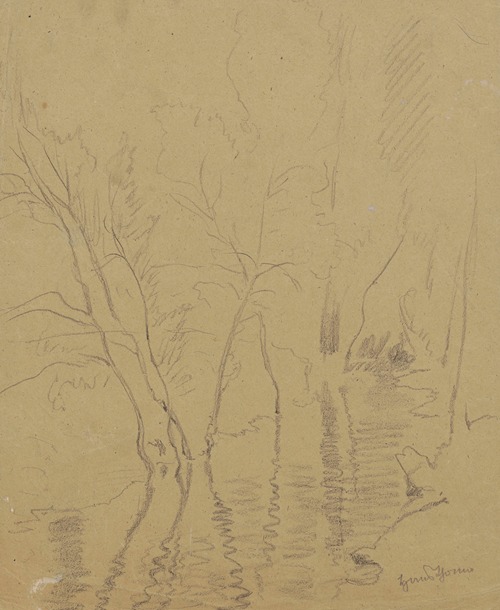 Two trees growing by a river and reflected in the water