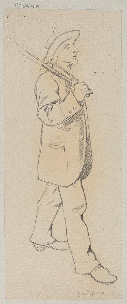 Walking Man in a Hat and Long Jacket, with a Stick over the Shoulder