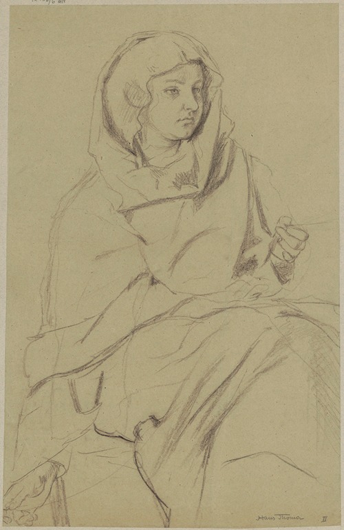 Woman in a strongly creased robe and a scarf on her head spinning a thread
