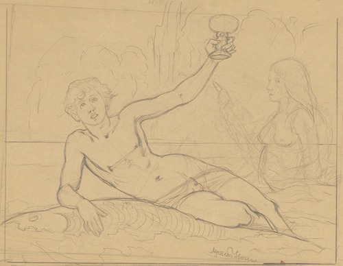 Young Man with a Chalice in His Hand Lying on a Fish, with a Nereid in the Background on the Right