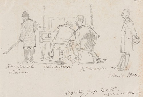 Caricatures of guests in Orońsko; Józef Deskur, Alfred Schouppé, Władysław Czachórski and colonel Mazin