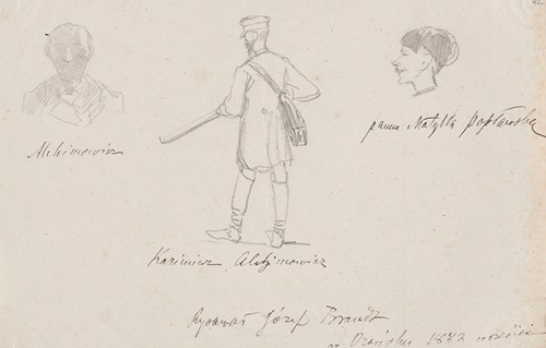 Caricatures of guests in Orońsko; Kazimierz Alchimowicz twice and Matylda Popławska