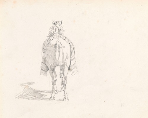Horse covered with saddlecloth, from the back, study for the painting “Return from the horse fair”